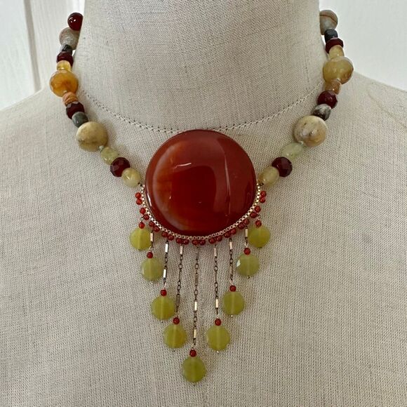 Carnelian & Stone Fringe Statement Necklace - Picture 1 of 12